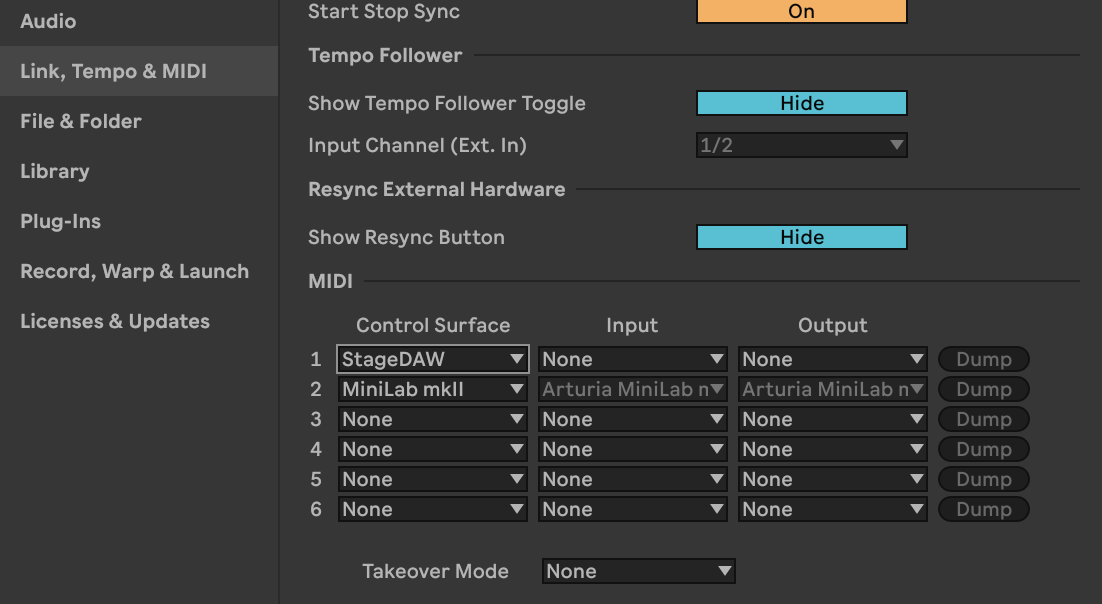 Live’s Link, Tempo & MIDI settings with StageDAW as a Control Surface