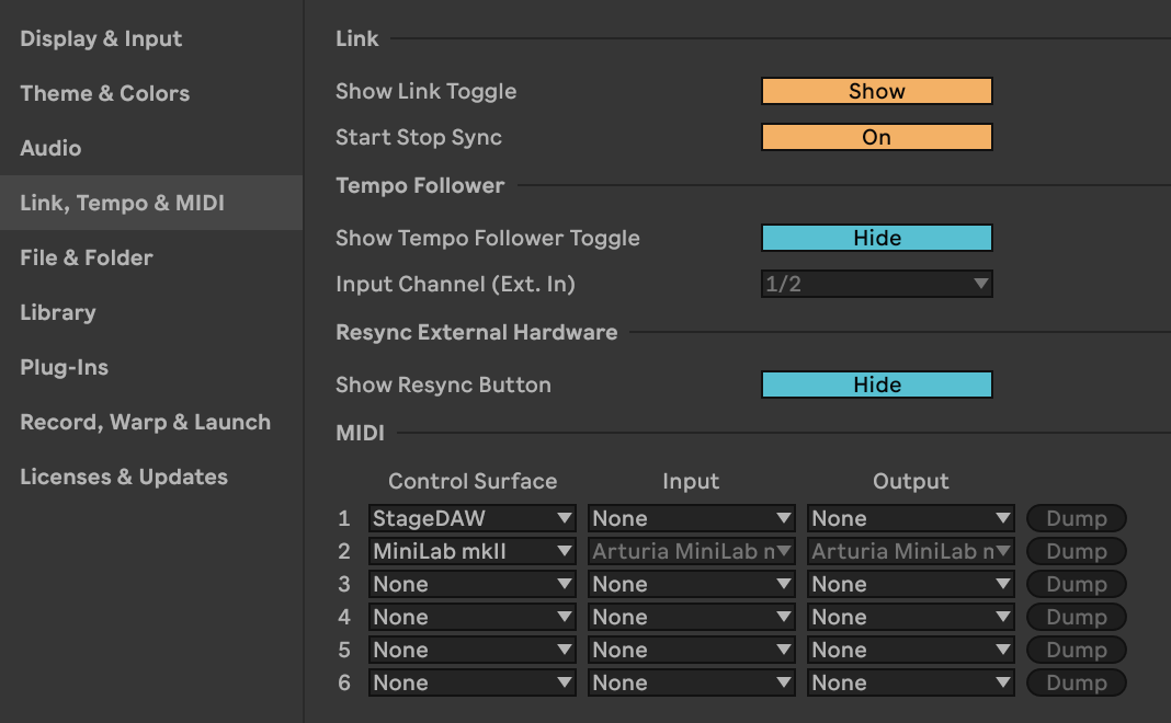 Live’s Link settings