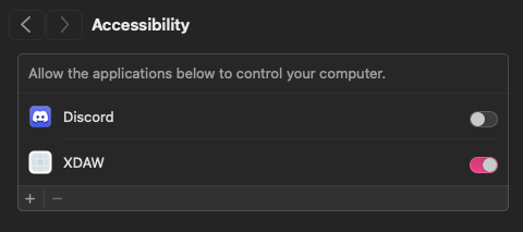 Accessibility in System Settings, StageDAW turned on