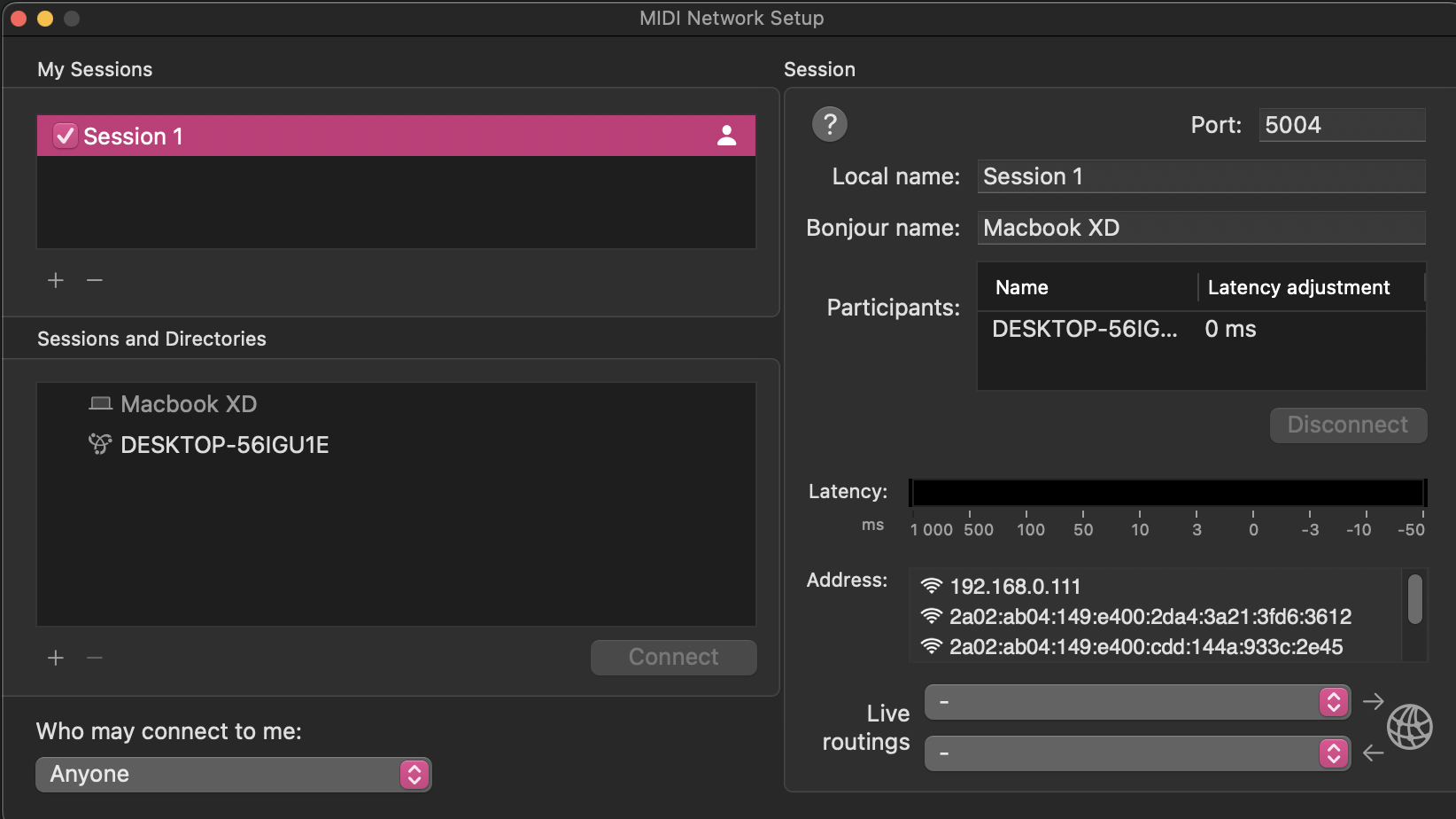 MIDI Network Setup on the Mac, with the PC as a participant