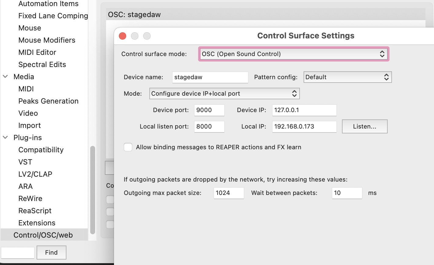 REAPER’s OSC control surface settings