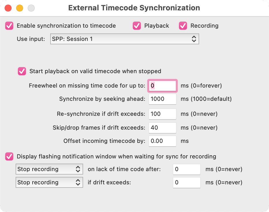 External Timecode Synchronization Settings