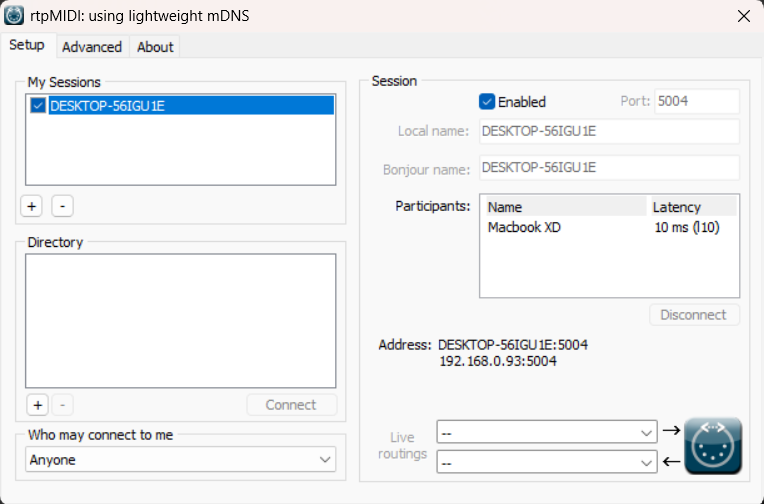 rtpMIDI with the Mac connected
